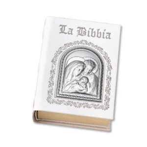 Bibbia in pelle bianca con placca in argento