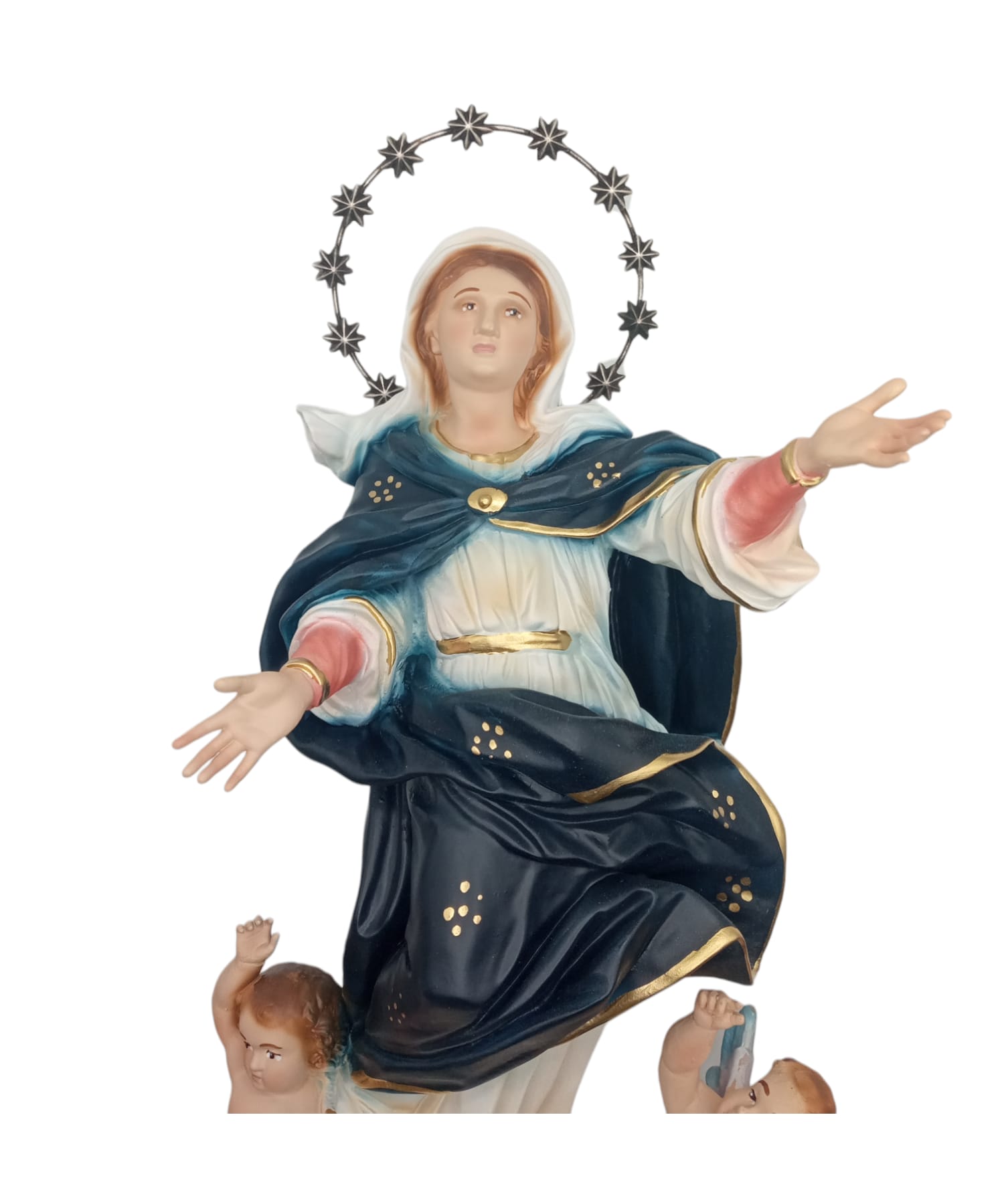 Statue Madonna Assunta Vestita - Art Sacré En Terre Cuite 120 Cm - Sculpture Main Avec Yeux En Verre Et Base Bois Doré