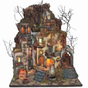 Borgo Presepe napoletano stile 700 con camino effetto fumo 60x80x96 cm