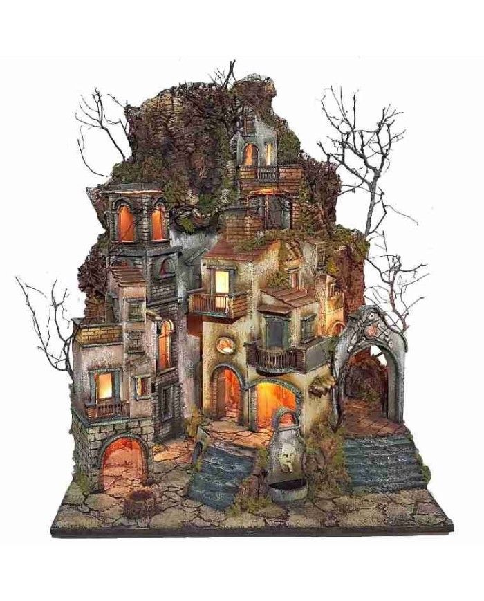 Borgo Presepe napoletano stile 700 con camino effetto fumo 60x80x96 cm