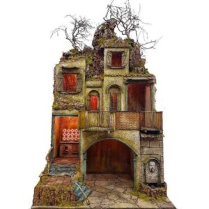 Presepe borgo stile 700 napoletano artigianale con luci fontana e cucina 60x80
