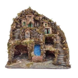 Presepe napoletano artigianale con cascata e mulino 50x37x47 cm