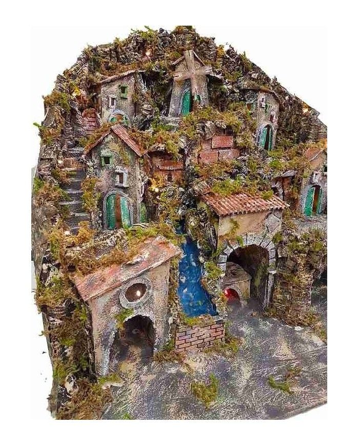 Presepe napoletano artigianale con luci forno mulino e cascata 75x60x60 cm - immagine 3