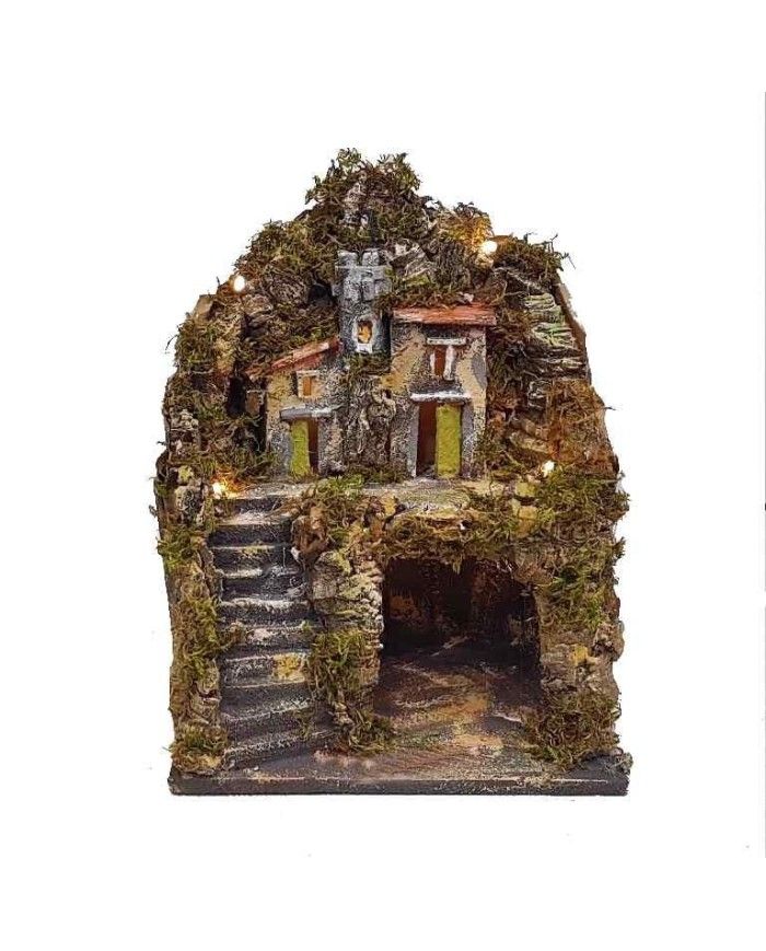 Presepe napoletano artigianale con luci led 24x30x20 cm