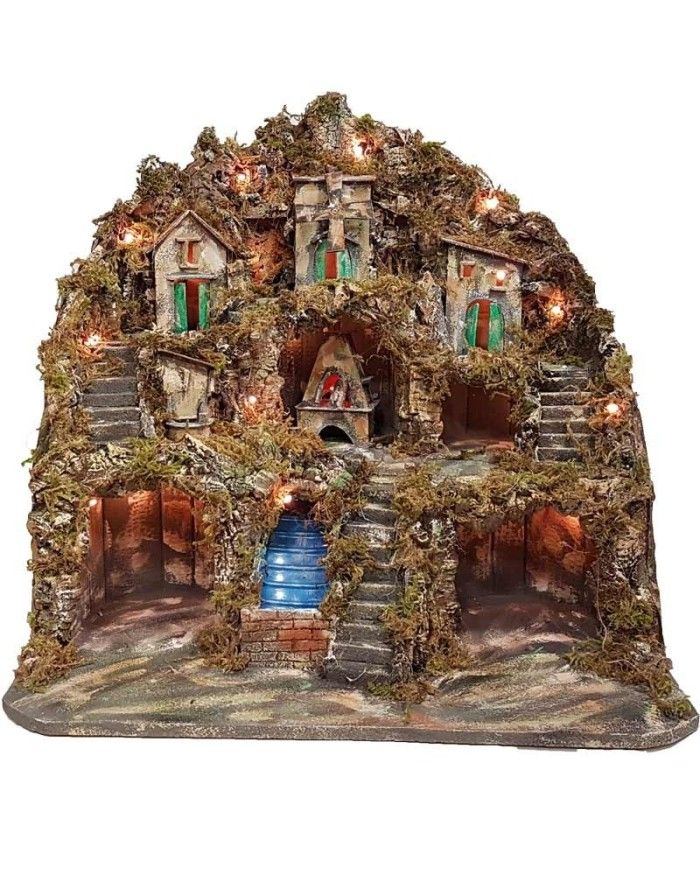 Presepe napoletano artigianale con luci mulino forno cascata 60x50x55 cm