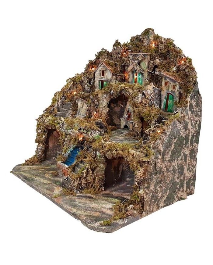 Presepe napoletano artigianale con luci mulino forno cascata 60x50x55 cm - immagine 6