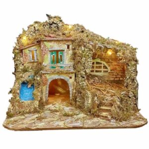 Presepe paesaggistico napoletano artigianale con luci e cascata 50x40x37 cm