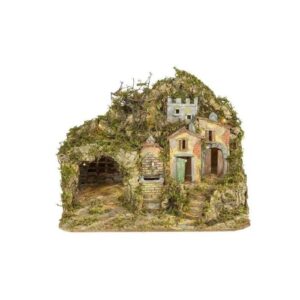 Presepe paesaggistico napoletano artigianale con luci e fontana 54x35x40 cm