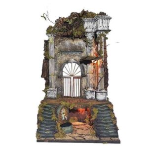 Tempio presepe con colonnato luci e fontana 40x40x72 cm