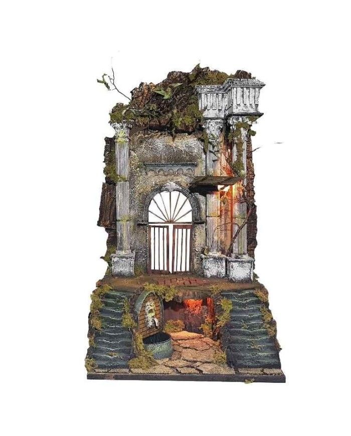 Tempio presepe con colonnato luci e fontana 40x40x72 cm